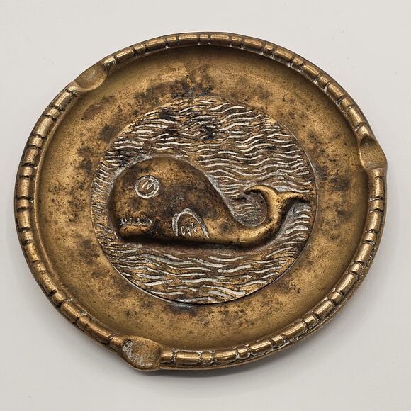 Whale Swimming in Water Brass Ashtray Trinket Dish - Vintage Nautical Decor - Picture 2 of 7